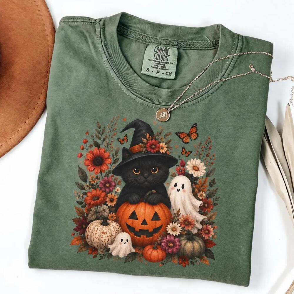 Black Cat Witch Shirt, Halloween Cat Tee, Pumpkin Ghost Shirt, Witchy